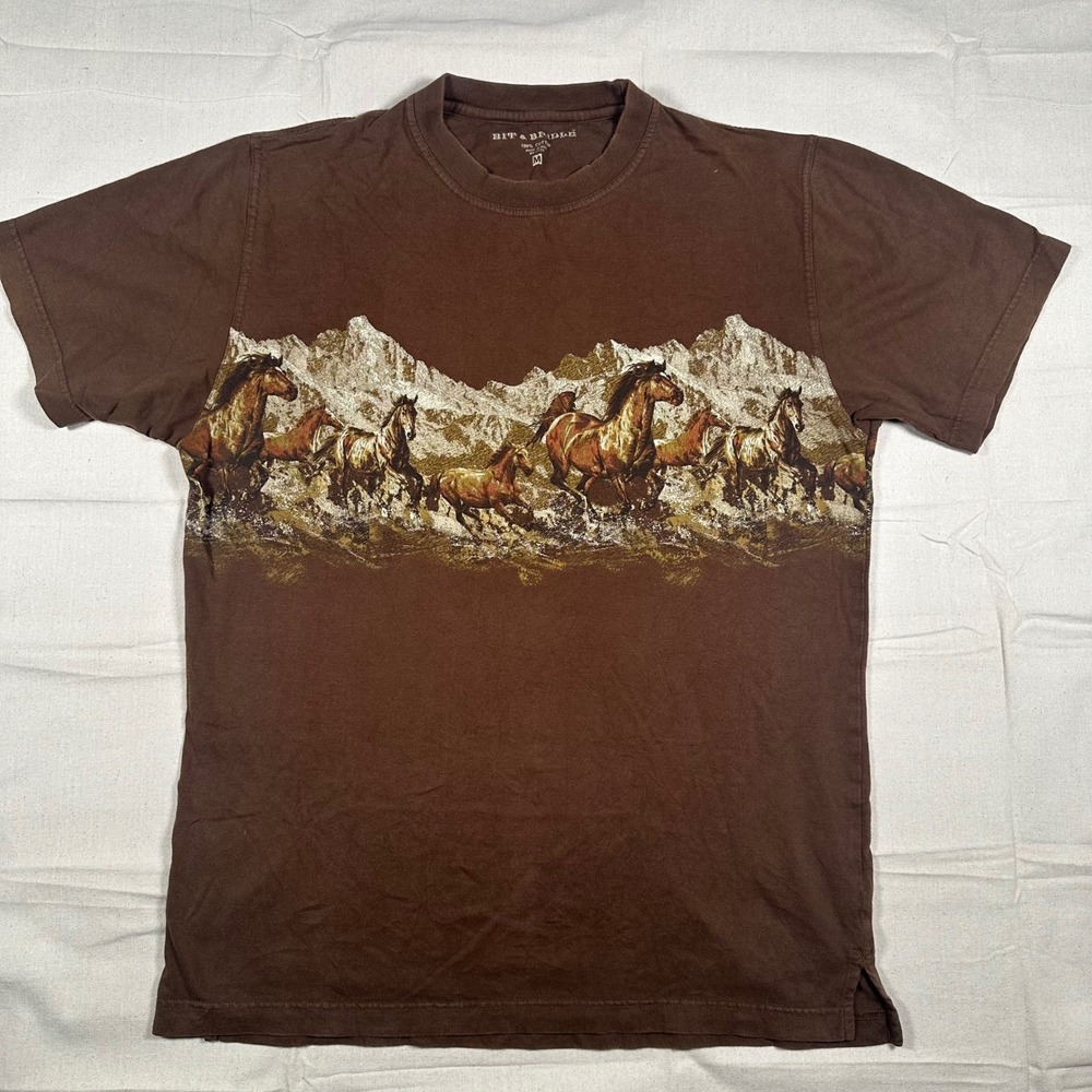 Bit & Bridle Mens Horse Graphic Tee Brown Wild Horses Mountain T-Shirt Medium